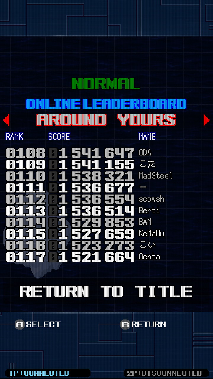 Screenshot: Missile Dancer online leaderboards of Arcade mode at Normal difficulty showing Berti at 113th place with a score of 1 536 514